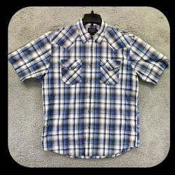 Mens Vintage Pendleton Frontier Shirt Large Pearl Snap Short Sleeve Blue Plaid Western
