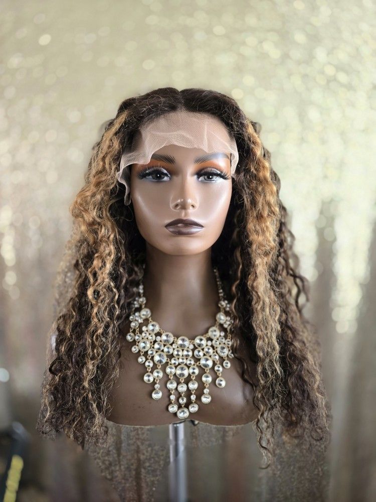 24" T Part Lace Front Human Hair Brown Blonde Balayage Curly Wig