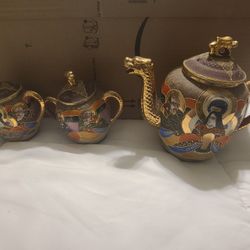 Japanese Diuschu Geisha Lithophane Porcelain Tea Set Satsuma, 1960s-3 pieces