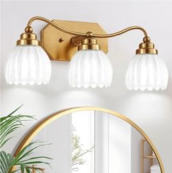(Brand New in Box)  3 Light Gold Vintage Vanity Lights, Antique Brass Finish Milk White Tulip Crystal Shades,Brushed Gold Bathroom Light Fixtures, Wal