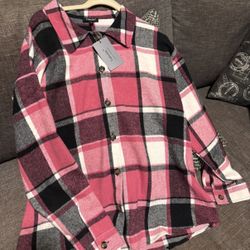 Brand New With Tags PINK & BLACK PLAID FLANNEL SHACKET Size Large, Relaxed Fit, Shirt + Jacket = Shacket,