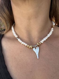 Handmade Pearl Necklace with Heart Pendant & Butterfly Beads – Adjustable Length