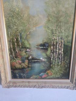 Vintage Framed RiverLandscape Painting with Animals