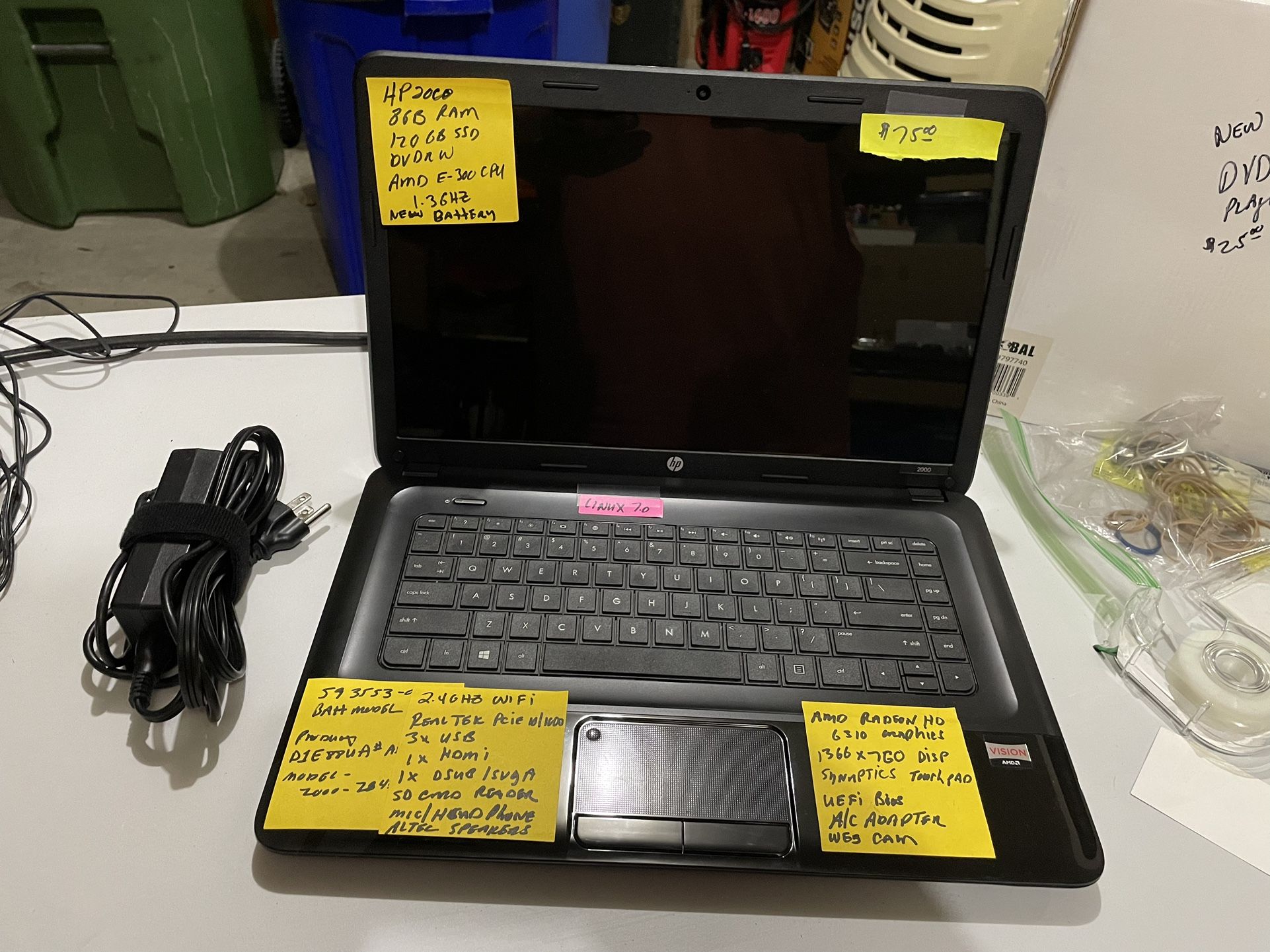 HP2000 Laptop- 8GB RAM, 120GB SSD, AMD 1.3GHZ E-300 CPU, 15” WIDE DISPLAY