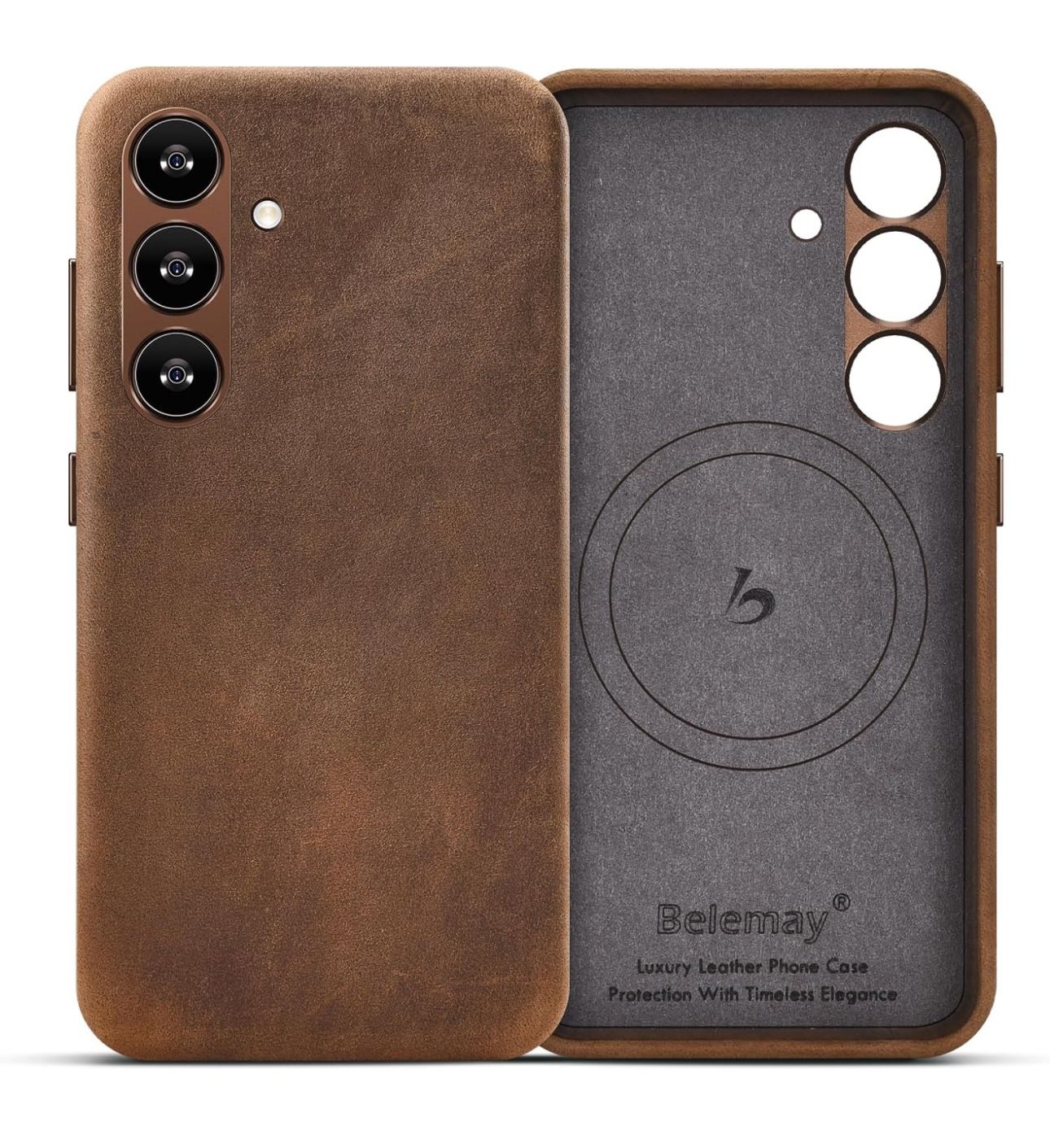 Belemay Timeless Leather Case for Samsung Galaxy S24 with Magsafe - Top Grain Vintage Crazy Horse Leather - Metal Buttons & Lens Protector - Slim Fit 