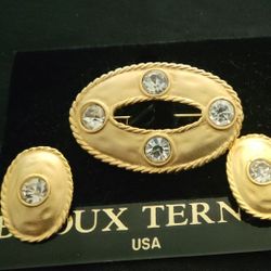 Bijoux Terner Antique Gold Tone&Rhinestone Earrings(1")& Brooch Pin (1.75") USA