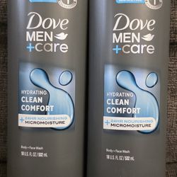 (2) Dove Men+Care Hydrating Gentle Face & Body Wash for Men Clean Comfort All Skin, 18 oz each