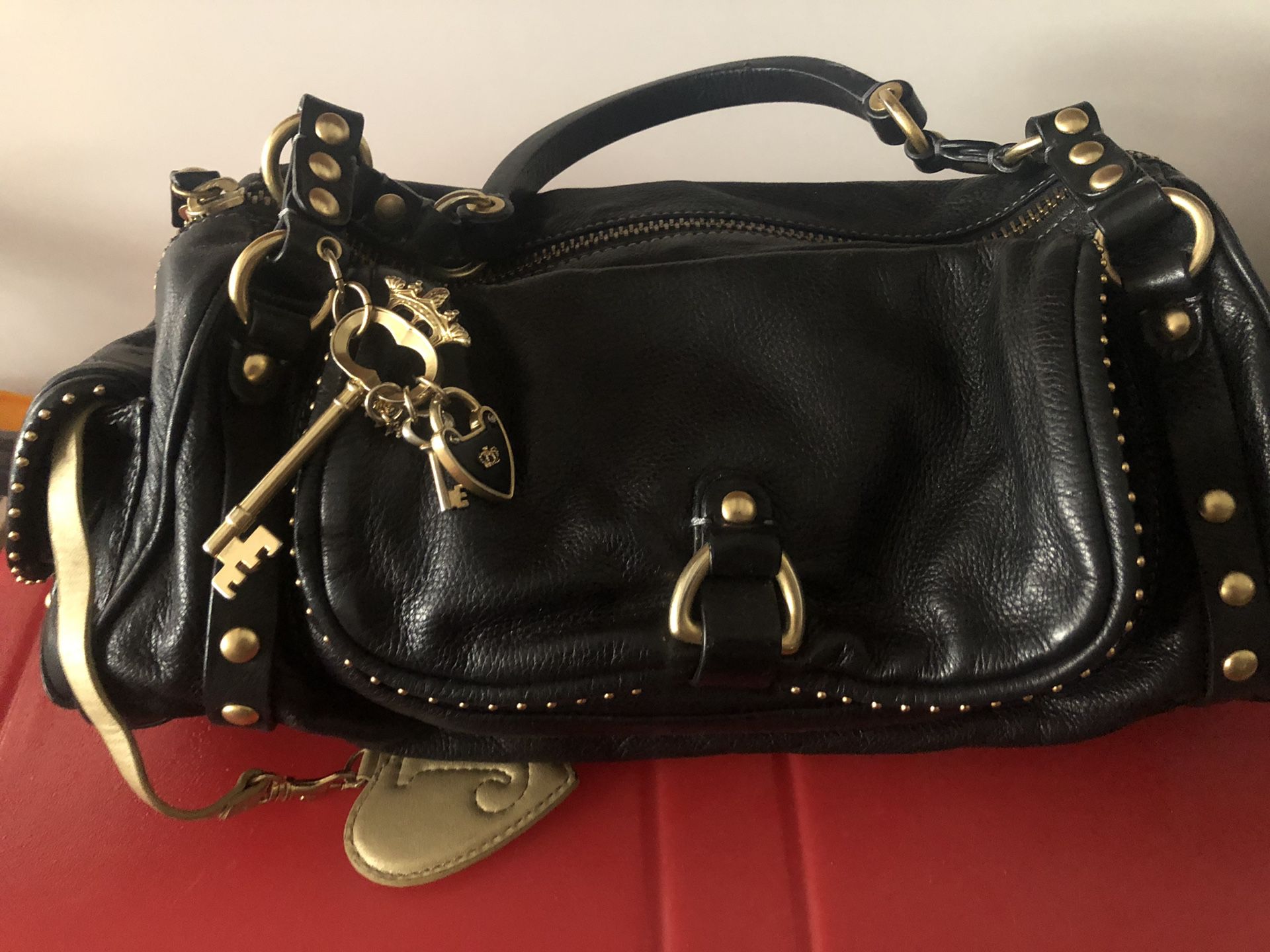 Juicy Couture Black Hatched Leather Bag Purse with Gold Chain Cross Bo –  Parsimony Shoppes