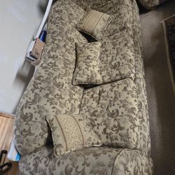 Two Piece Sofa Couch Set With Floral Design In Brown / Gold Color. 