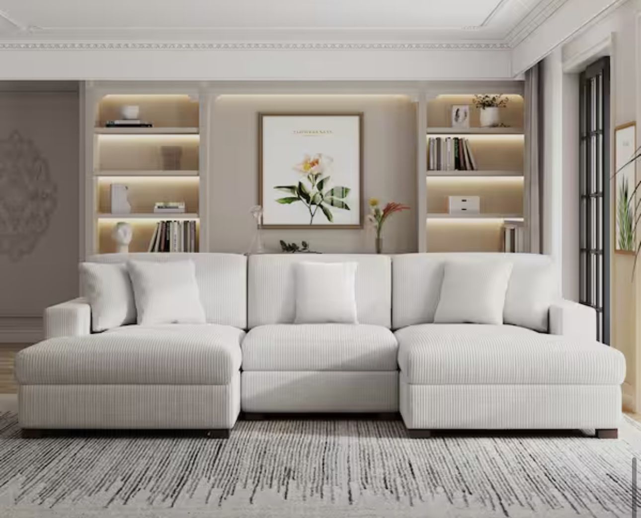 118 in. Square Arm 3-Piece Corduroy Upholstered U-Shaped Sectional Sofa in. Beige