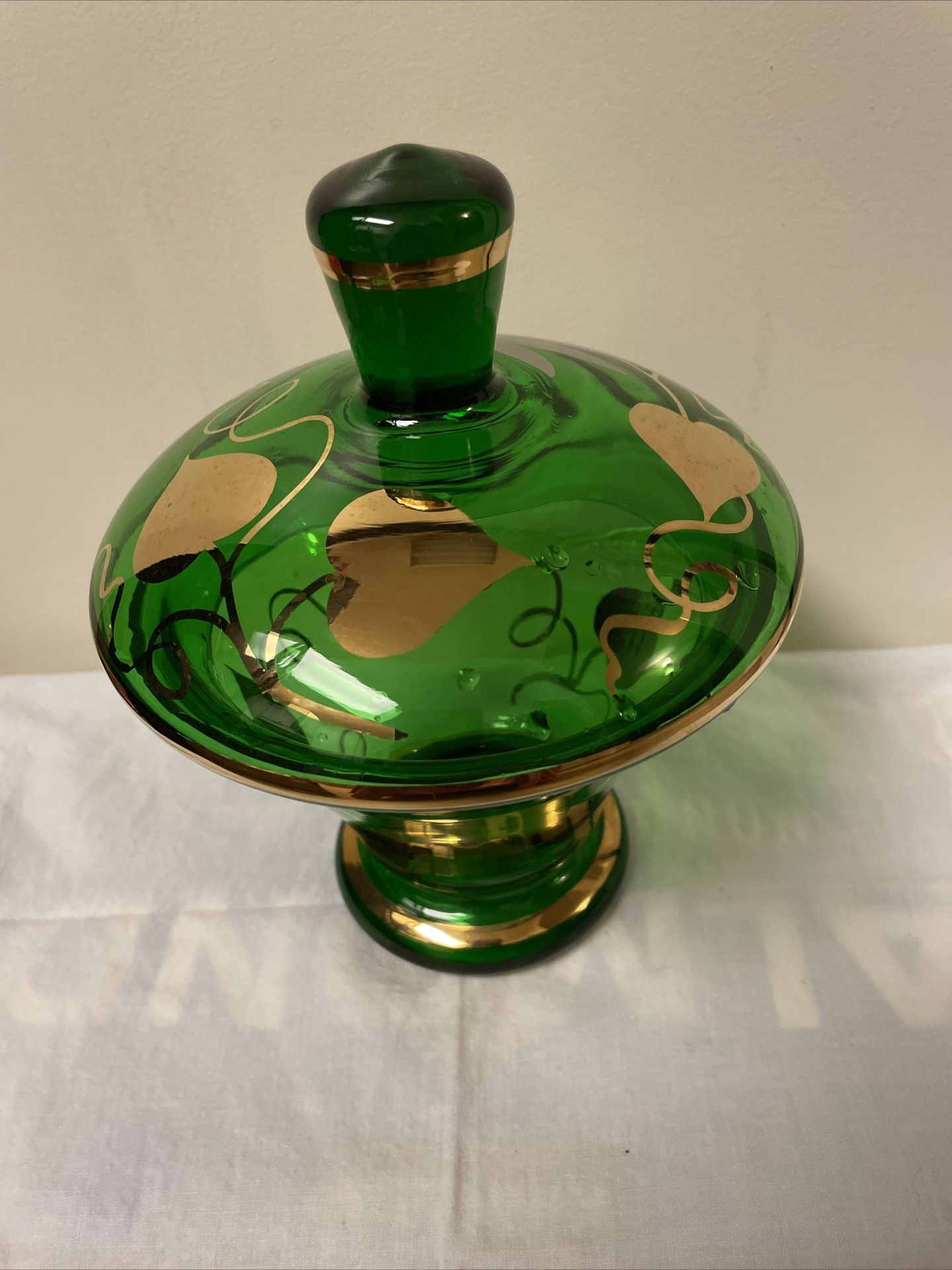 Vintage Czech Bohemian Emerald Green Glass With Gold Design Candy Dish
