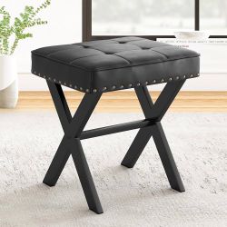 Vanity Stool - Square Faux Leather Makeup Seat With Metal X Legs - New (1317/5)