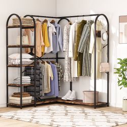 L-Shaped Clothes Rack, Corner Garment Rack with Storage Shelves
