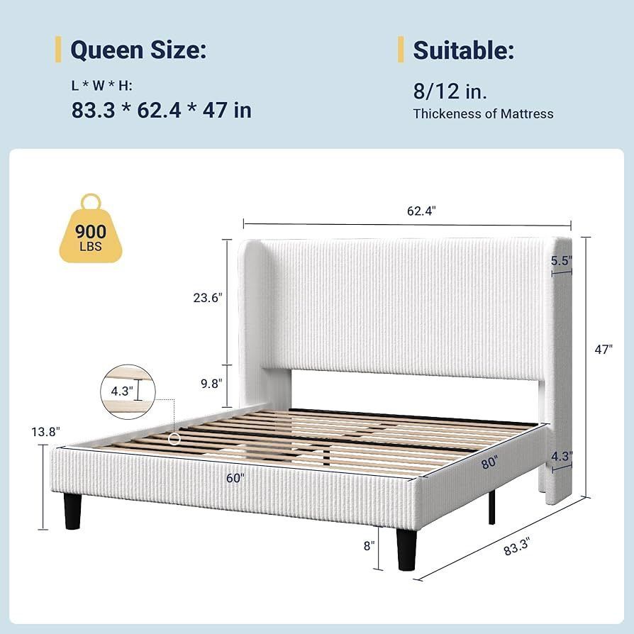 Queen Size Bed Frame with Upholstered Wingback Headboard, Vertical Channel Tufted Corduroy Velvet Platform Bed, Strong Wooden Slats Support, No Box Sp