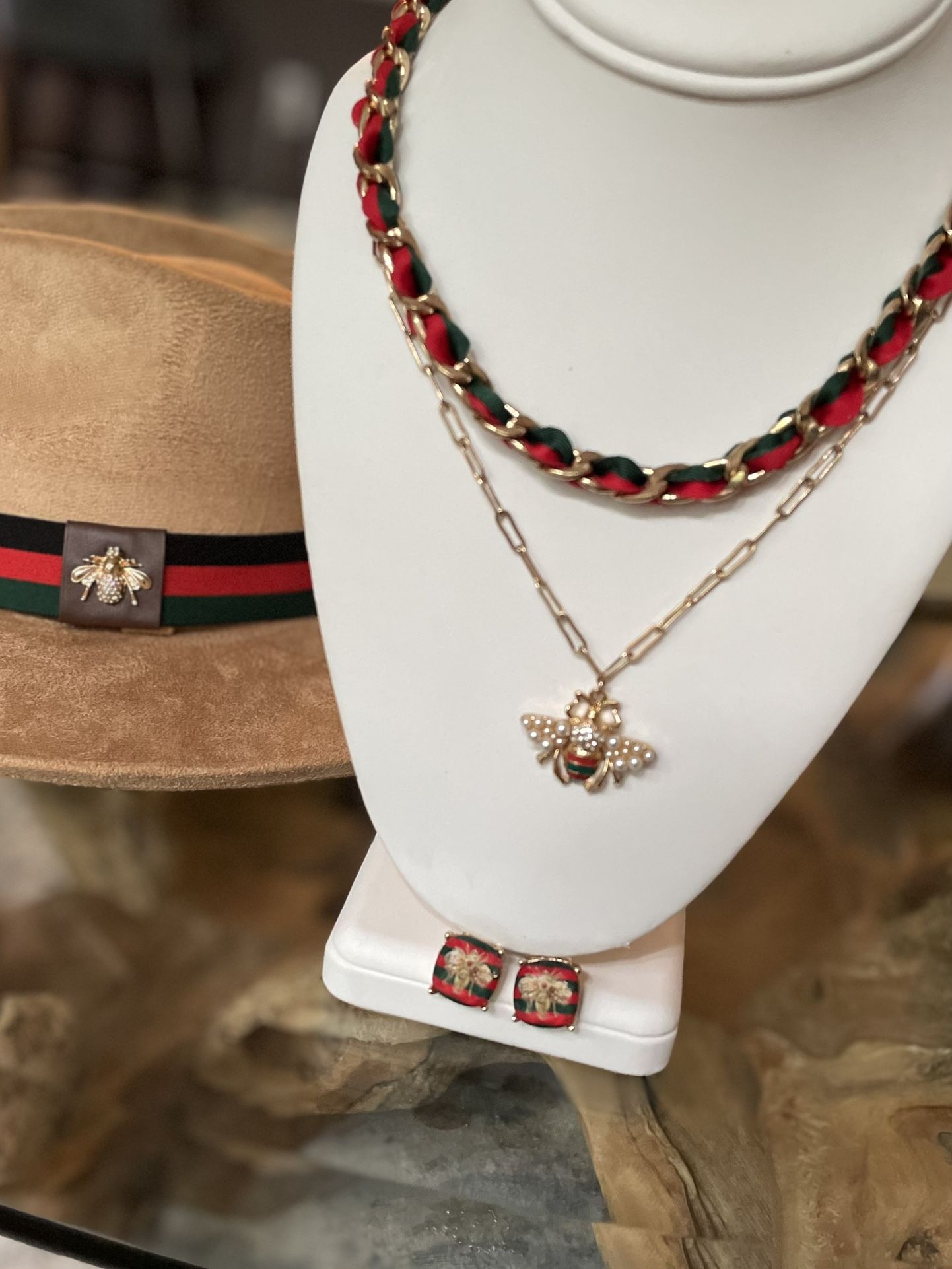 Pearls Honey Bee ๐๐โค๏ธ double chain short necklace, earrings and hat band BUNDLE OF 3 items