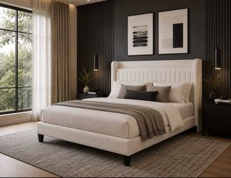 Queen bed Size Upholstered Bed Frame with  Charging Station, tufted wingback headboard, noise-reducing support, and no box spring needed.