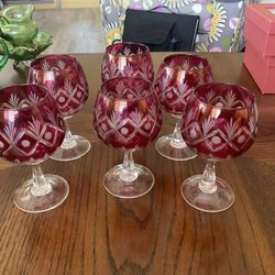 Vintage Bohemian Ruby Red Wine / Sherry Cut-to-clear Crystal Set Of 6