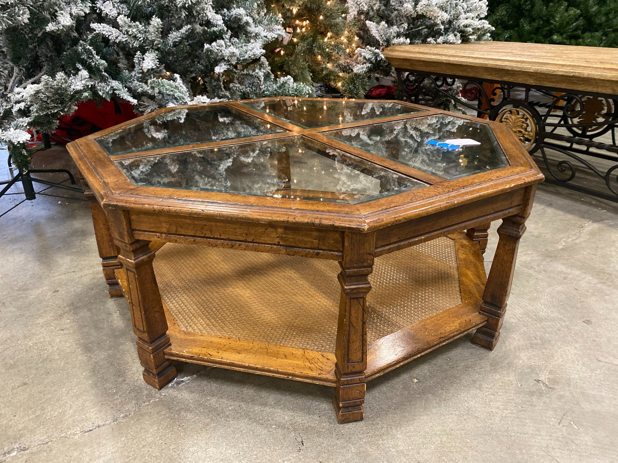 Wooden Octagonal Coffee Table with Glass Insets and Lower Shelf