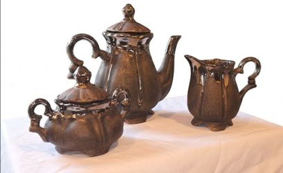 ESTATE SALE Vintage 1970s 11-Pc Studio Pottery Tea Set - Metallic Bronze Glaze