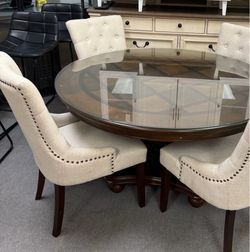 Round Brown Wood Table with Glass Too and 4 Fabric Tuft Off White Chairs with Silver Studs - SAME DAY DELIVERY