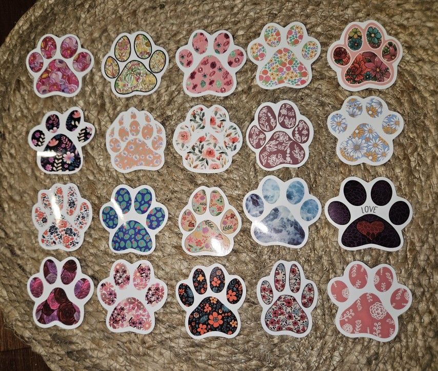 20 Flower Design dog Or cat Paw shaped Stickers