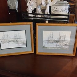 Vintage Clark M. Goff Framed Pen & Pencil Art Sketched,  Susan Constant, Godspeed & Discovery Ships At Jamestown