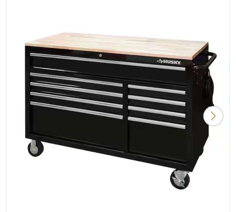 NEW IN BOX Husky 52 in. W x 25 in. D Standard Duty 9-Drawer Mobile Workbench Tool Chest with Solid Wood Top in Gloss Black