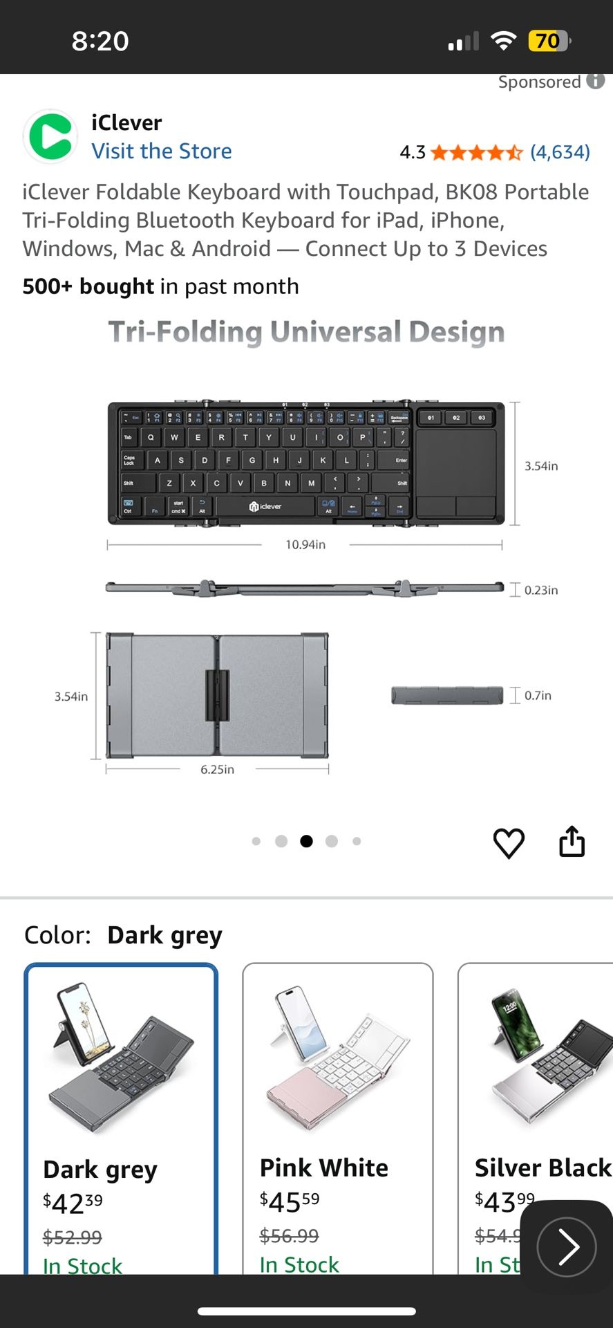iClever Foldable Keyboard with Touchpad, BK08 Portable Tri-Folding Bluetooth Keyboard for iPad, iPhone, Windows, Mac & Android — Connect Up to 3 Devic