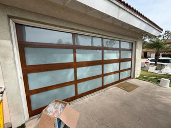 Modern Glass Panel Garage Door Wood Grain Finish