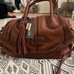 Guess Brown Leather Purse w/ Studs & 2 Straps