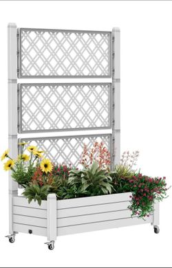 White Raised Planter Box with Trellis on Wheels