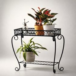 Black Metal Plant Stand – New in Box – Decorative 2-Tier Plant Shelf