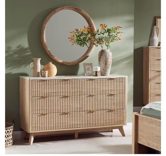 Drawers Dresser, 6 54" Wide Modern Chest of Drawers with Faux Marble Top, Curved Profile Design, Dresser TV Stand, Wood Drawer Organizer for Bedroom
