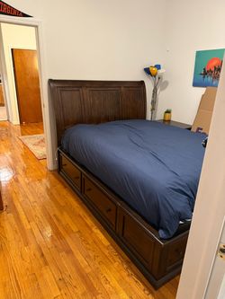 Wood Queen Bed Frame with Storage Drawers and Headboard