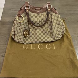 Vintage Gucci Sukey Brown GG Monogram Large Canvas Tote Bag Leather Handles