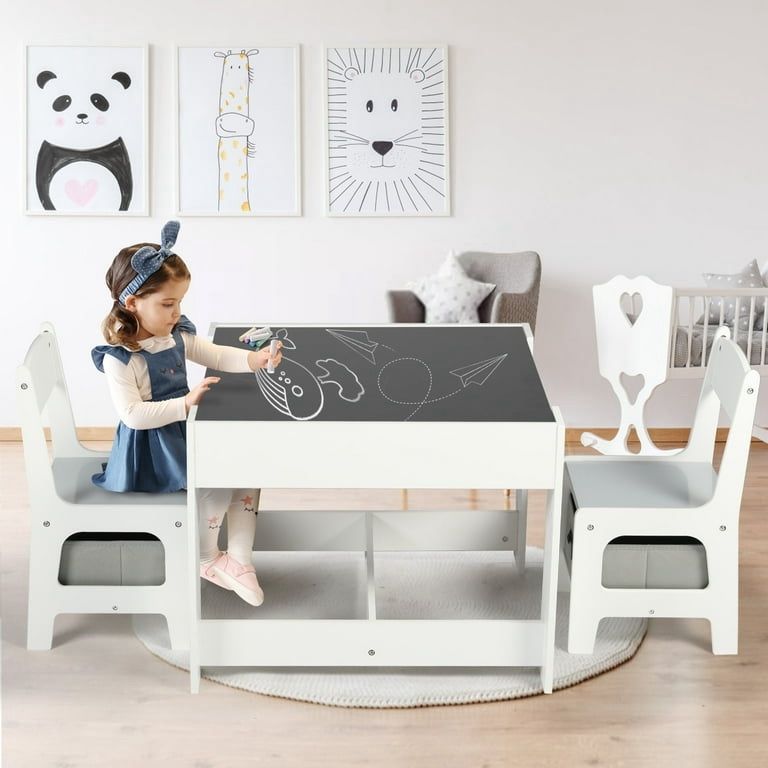 3 in 1 Toddler Wood Table & 2 Chairs Set, Activity Table for Toddlers, Grey
