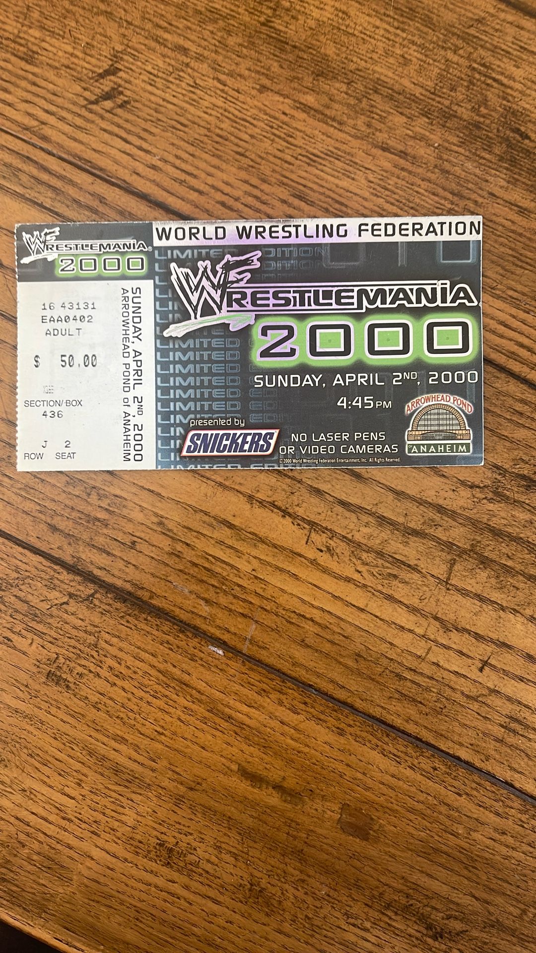 WRESTLEMANIA 2000 TICKET STUB April 2 2000 Arrowhead Pond
