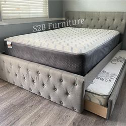 Full twin grey Frenchi trundle bed with ortho mattress included