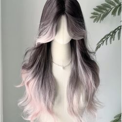 Long Curly Ombre Wig - Dark Brown to Pink