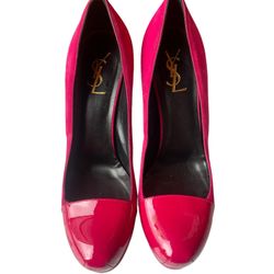 SAINT LAURENT Suede Patent Goatskin Tribute Two 80 Platform Pumps 39.5 Fuchsia