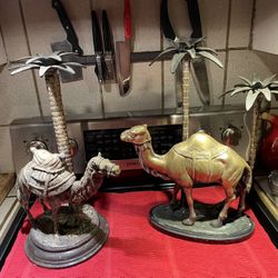 Indian Bronze Camel & Palm Tree Candle Holders Set Of 2