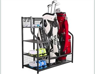 Golf Bag Garage Storage Organizer Extra Large Size Golf Bag Rack Stand Holder Fits 2 Golf Bags and Other Golfing Equipment Accessories, Metal Black Go