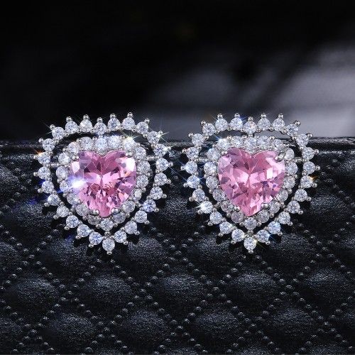 "Zircon Stone Pink Heart Stud Earrings For Women, VP1012