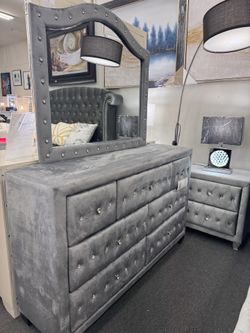 NEW Dark Grey Velvet Dresser and Mirror
