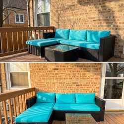 Grey 3-Piece Wicker Outdoor Sectional Set with Light Blue Cushions