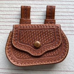 Basket weave tooled brown leather mini belt bag
