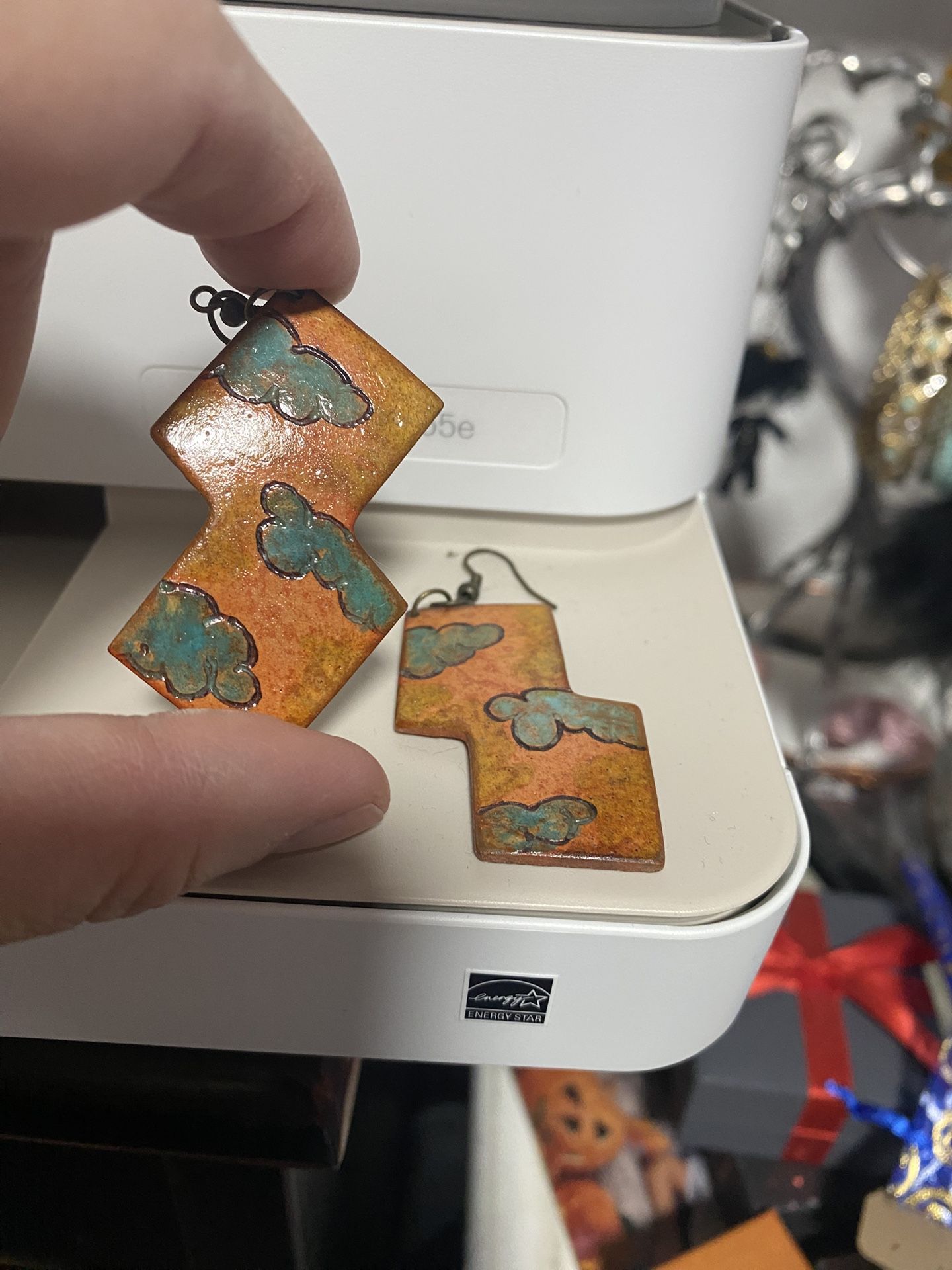 Leather Carved Cloud Earrings Hand painted Mexico Cabo