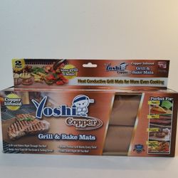 Yoshi Copper Grill and Bake Mats 2 Pack (15.75” X 13”), ( Copper Infused ), New. Condition is "New". 
Yoshi Copper Infused,  grill & bake mats ,
Heat 