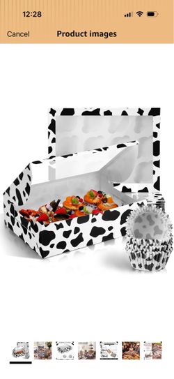 24 Pcs 13.4 x 9.8 Inch Cow Print Cupcake Box Container with Window 24 Pcs Cow Animal Muffin Cupcake Cups Baking Cups, Holds 288 Pastry Boxes for Birth