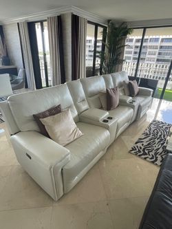 White Leather Power Reclining Sectional – 4 Seats with Consoles & Cupholders